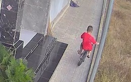 Bé trai lao xe đạp xuống vườn khi tập đi