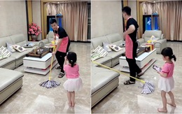 Bố trẻ thích sống ảo, tạo dáng lau nhà để con gái chụp hình