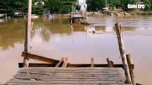 Cầu gỗ bắc qua sông Cái Nha Trang bị lũ cuốn trôi