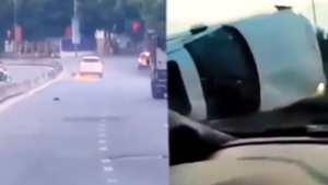 Video: Tài xế húc chốt kiểm dịch, kéo lê xe máy tóe lửa trên đường phố