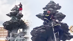 Video: Cảnh sát giải cứu nam thanh niên trèo lên tượng đài ở bùng binh chợ Đà Lạt