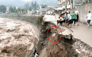Video: Bốn người bị rơi xuống mép sông từ độ cao 8m do đường sụp, người dân dùng dây giải cứu