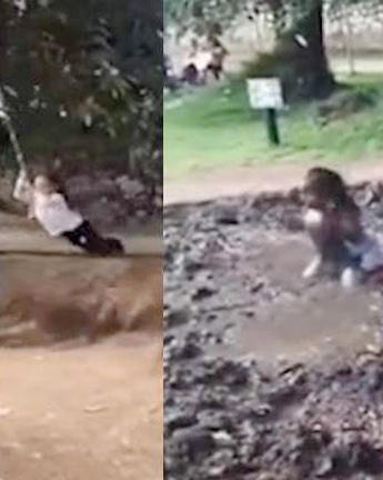 Bé gái đu dây ngã xuống vũng bùn