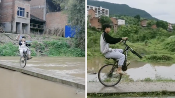 Cậu bé chạy xe đạp chỉ còn một bánh qua cầu