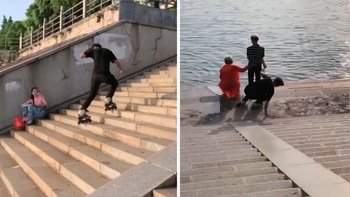 Thanh niên trượt patin đốn ngã đôi nam nữ xuống hồ