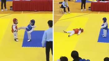 Bé trai bối rối khi bạn thi đấu võ taekwondo nằm ăn vạ