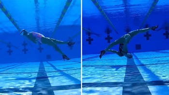 Cô gái lặn dưới hồ bơi biểu diễn đi 360 độ bằng giày cao gót