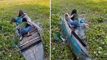 Ba cô gái leo lên thuyền chụp ảnh 'sống ảo' bị ngã xuống ao bèo