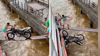Người đàn ông nổi quạu khi dắt xe máy lên thuyền bị rớt xuống sông