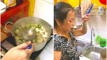 2 chàng trai pha muối vào muỗng nhờ cô nếm thử nồi canh