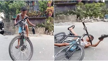 Bé trai ngã ngửa khi trổ tài làm xiếc trên xe đạp