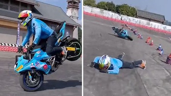 Thanh niên ngã sõng soài khi trổ tài bốc đầu môtô