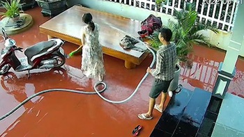 Chồng cười khoái chí khi rửa sân xịt nước ướt người vợ