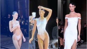 Bella Hadid để ngực trần, 1 phút sau đã được 'úm ba la' thành váy phun sơn ngay trên sàn runway