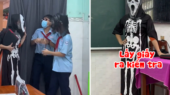 Học sinh đeo mặt nạ ‘giả ma’ núp sau tấm rèm hù cô giáo