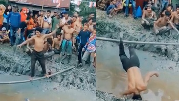 Thanh niên ngã cắm đầu xuống bùn khi đi cầu khỉ