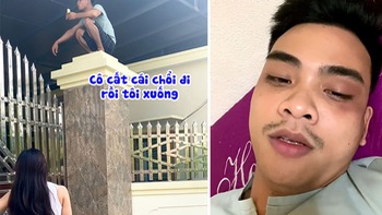 Chồng lầy lội leo lên cột cổng ngồi khi cãi nhau với vợ