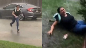 Nữ tài xế ngã dập mông khi chạy dưới trời mưa