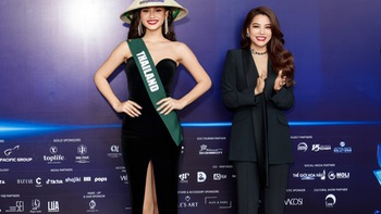 Miss Earth các nước đội nón lá, đeo sash do Trương Ngọc Ánh trao