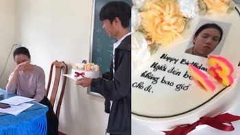 Cô giáo đỏ mặt với chiếc bánh sinh nhật của trò