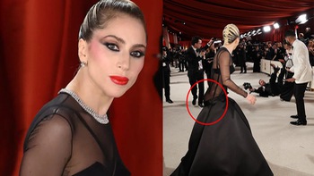 Oscar 2023: Lady Gaga gây sốt với chiếc váy hở vòng 3, đỡ nhiếp ảnh gia bị ngã