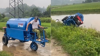 Pha lái máy tuốt lúa đi vào lòng ruộng