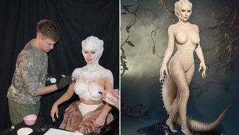 Kim Kardashian hóa trang cá sấu bạch tạng trong đêm Halloween