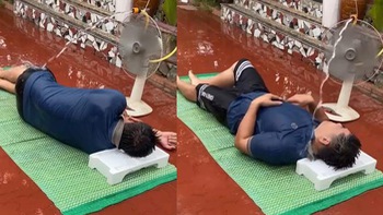 Thanh niên lầy lội chế quạt hơi nước để tránh nóng