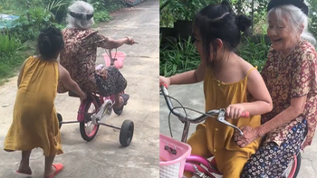 'Búp măng non' tập đi xe đạp cho cụ bà siêu đáng yêu