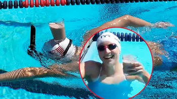 Katie Ledecky biểu diễn kỹ năng bơi với ly sữa trên đầu gây sốt