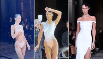 Bella Hadid để ngực trần, 1 phút sau đã được 'úm ba la' thành váy phun sơn ngay trên sàn runway