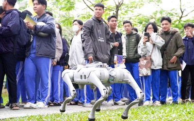 Sinh viên Đại học Duy Tân trình diễn chó robot góp vui tại buổi tư vấn tuyển sinh