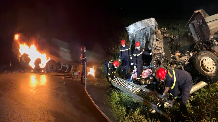 Video: Hai xe tải tông nhau, một xe bốc cháy, 2 người thiệt mạng lúc rạng sáng