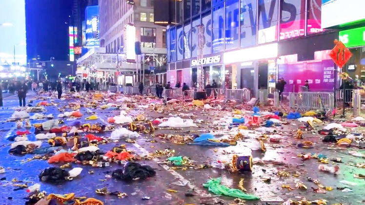 Video: Quảng trường Thời Đại ngập rác sau thời khắc chào đón năm mới 2023